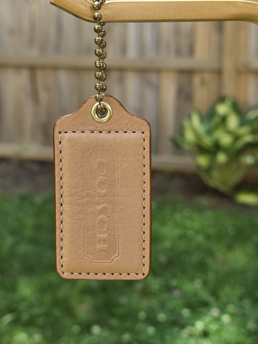 Coach XL Tan Leather Hangtag W/ Brass Ball Chain & Spare Yellow Gold Ball Chain
